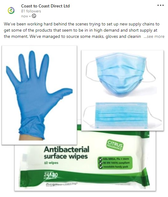 We've been working hard behind the scenes trying to set up new supply chains to get some of the products that are in short supply now. We've managed to source some masks, gloves and cleaning wipes please get in touch and we can see what we can do for you.