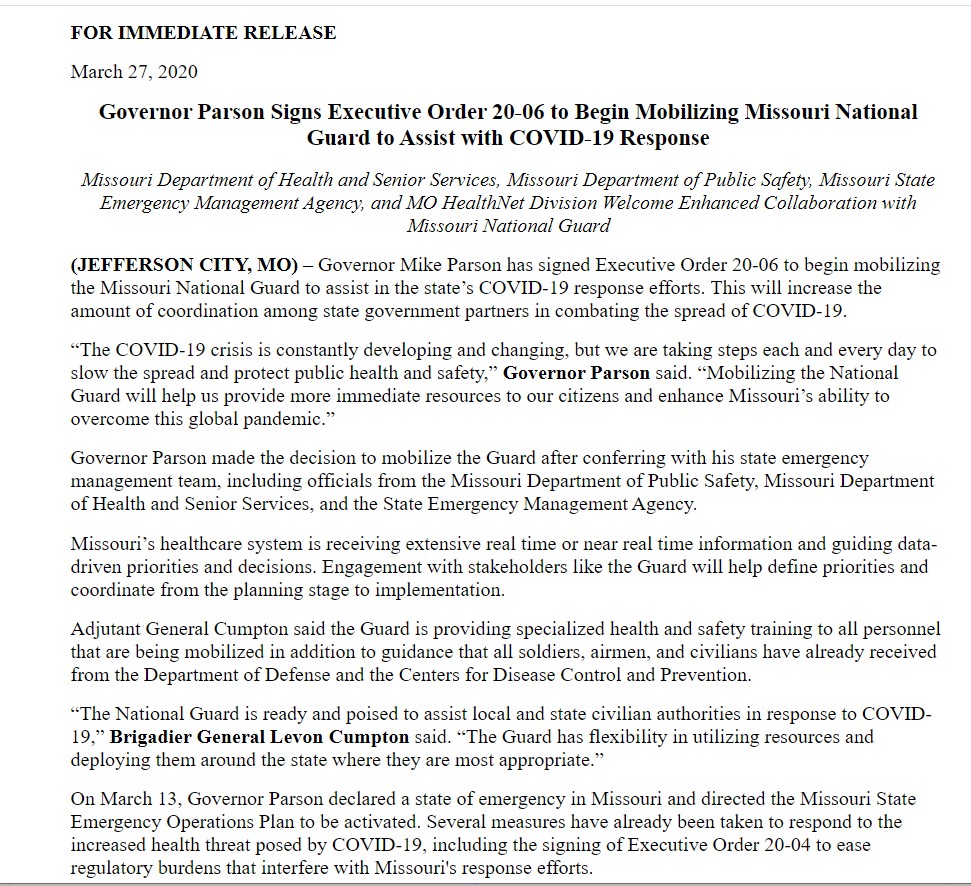 columbiatribune's tweet photo. Gov. Mike Parson orders mobilization of National Guard to assist in COVID-19 response. Story soon at https://t.co/sHTf83REZ4 #MONAG #COVID19Missouri @GovParsonMO @Missouri_NG #moleg #mogov https://t.co/jVKTRERoxM
