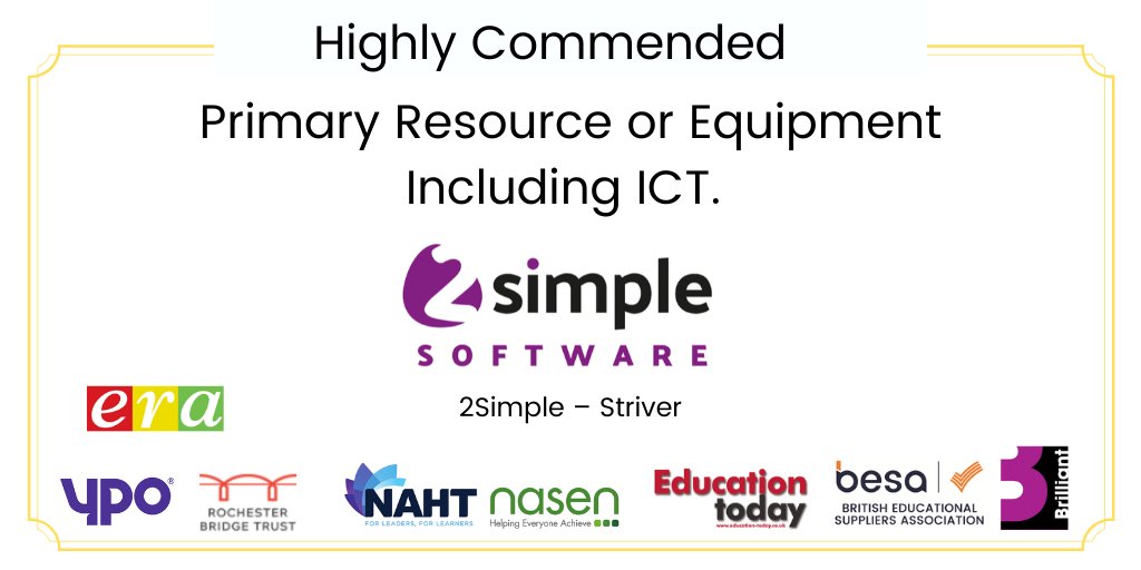 besatweet's tweet image. Highly Commended in the Primary Resource or Equipment Including ICT category at the Education Resources Award 2020 goes has been awarded to @2SimpleSoftware for Striver! Congratulations! #ERA2020