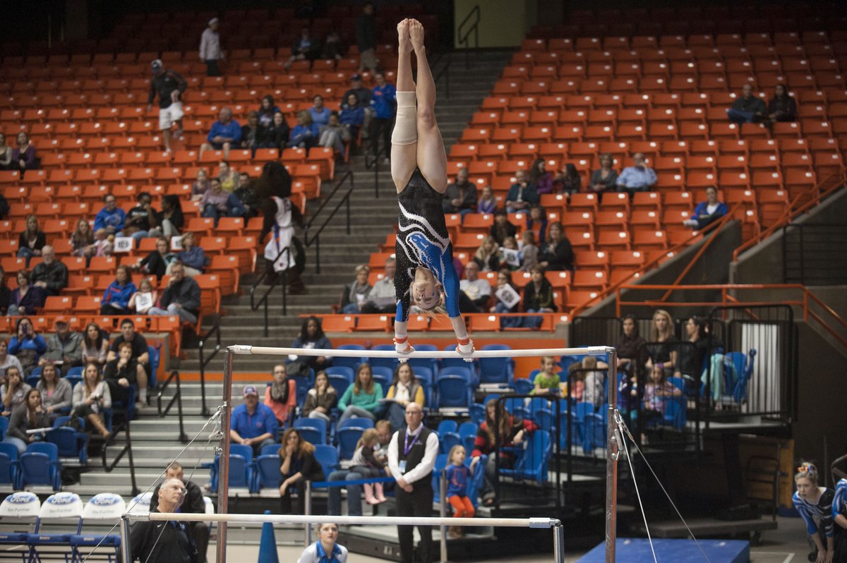 BroncoSportsGYM's tweet photo. Five years ago today our program record for team-bars score was set with a 49.575 against Alaska Anchorage! #BleedBlue https://t.co/8a1BGfSEYR