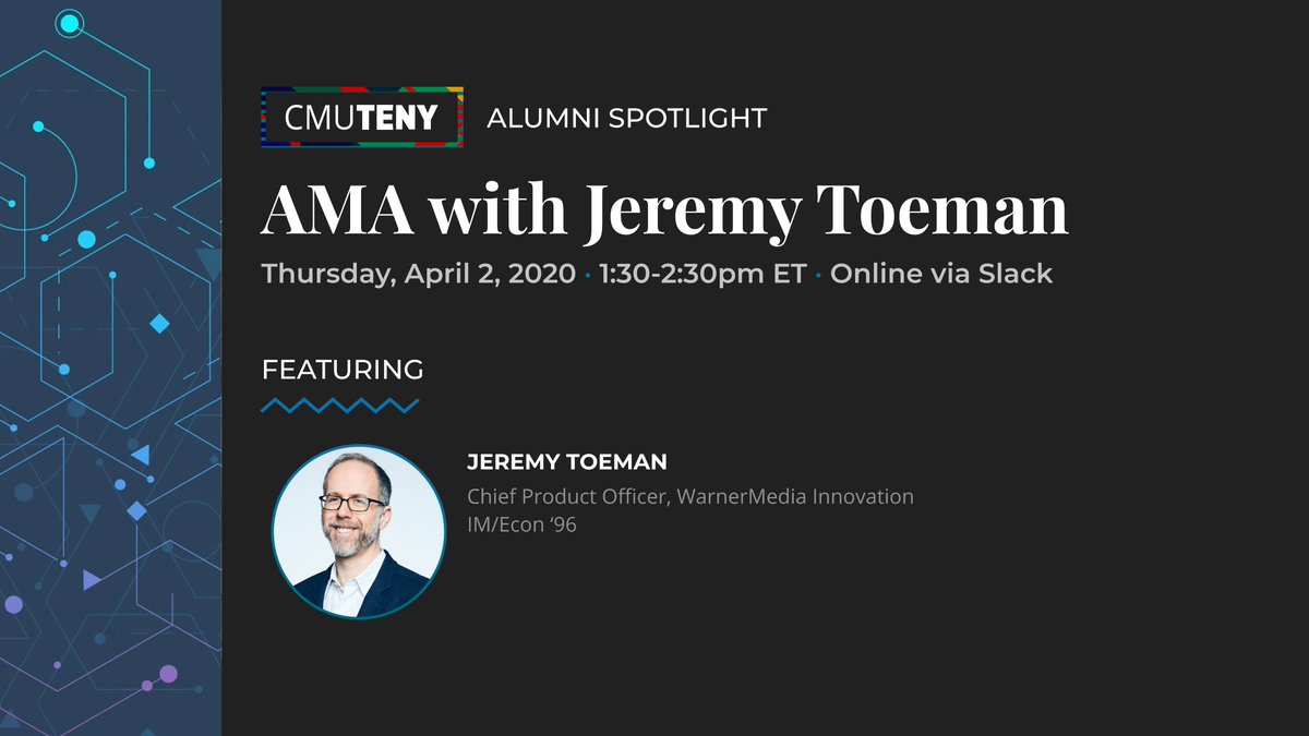 Hey @carnegiemellon Tartans -- we're super excited to host our first virtual @cmuTENY  event on Thu 4/2 at 1:30pm ET ft. AMA w/ <a href="/jtoeman/">jtoeman</a> (CPO, Warner Media)

If you're not part of CMU TENY's Slack Channel, DM us &amp; we'll get you set up!

(Tartans - pls RT so more alums can join!)