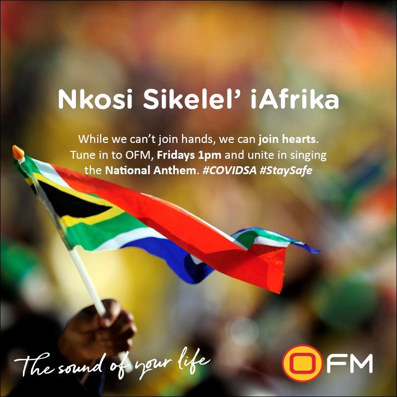 In a beautiful gesture, and to heed the call by our President, radio across the country, in solidarity with all South Africans, will play the National Anthem at 1pm today/Friday and every Friday thereafter during lockdown. Nkosi Sikelel' iAfrika