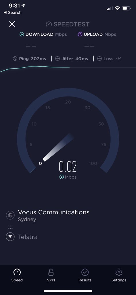 beachpunk's tweet photo. @Telstra was on hold for over an hour and got thrown off. 4G - 1mbps, NBN - 0.02mbps. Remind me of why I am paying you money??? #Telstra https://t.co/wcOZK1Li9w