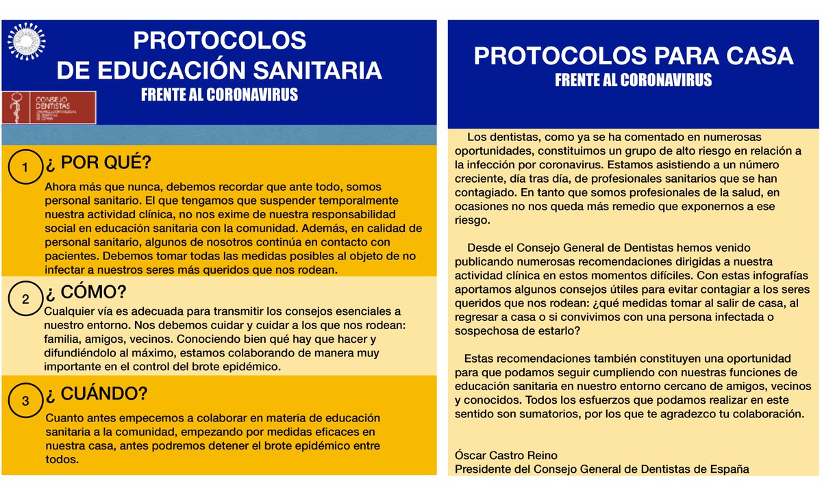 CNSJ_Dentistas's tweet photo. 📥 Desde el @CNSJ_Dentistas hemos preparado este protocolo de actuación en casa frente al coronavirus, que contempla las indicaciones al salir y al regresar de casa, así como en la convivencia con personas de riesgo.

Puedes descargarlos aquí 👉🏻 https://t.co/lKWvbj3uwO https://t.co/JjivnmVaN6