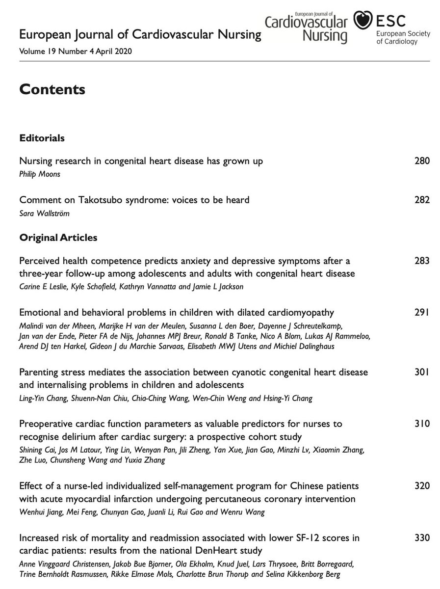 EditorEJCN's tweet photo. Proud to share our #April issue #EJCN
#ACNAP @ESC_Journals #Children #adolescents #Takotsubo #cardiotwitter #delirium #DenHeartStudy #MI #nextofkin #HrQoL #heartdisease https://t.co/KbWIvxuEjF