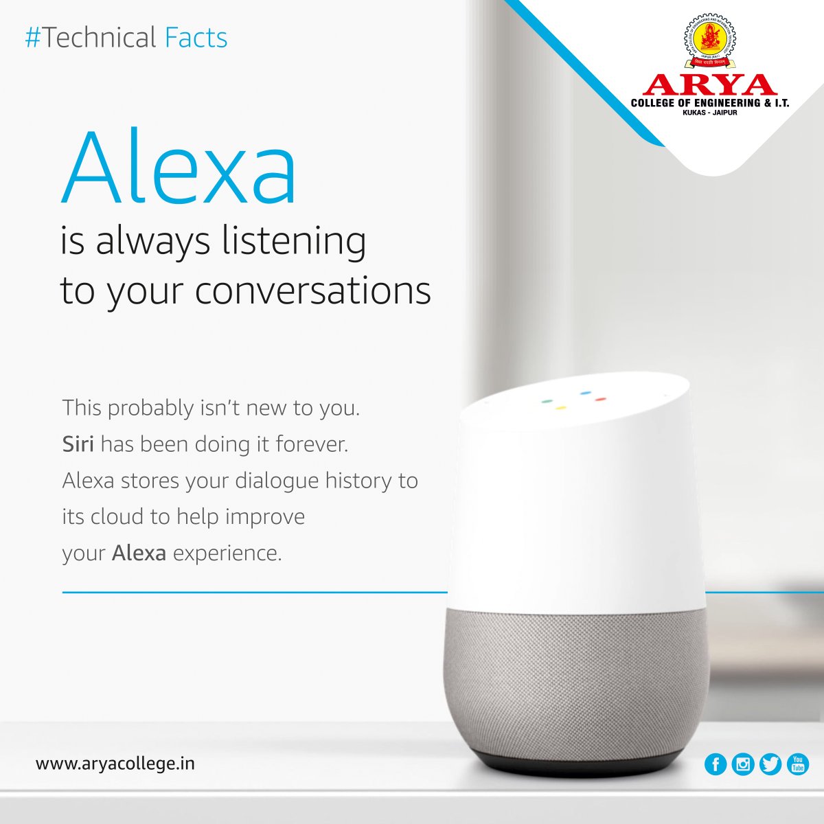 aryacolleges's tweet photo. DID YOU KNOW?
Alexa is always listening to your conversations.
This probably isn’t new to you. Siri has been doing it forever.
Alexa stores your dialogue history to its cloud to help improve your Alexa experience.
#technologyfacts #technicalfact #amazon #alexa #facts https://t.co/y5hmU7IP5G