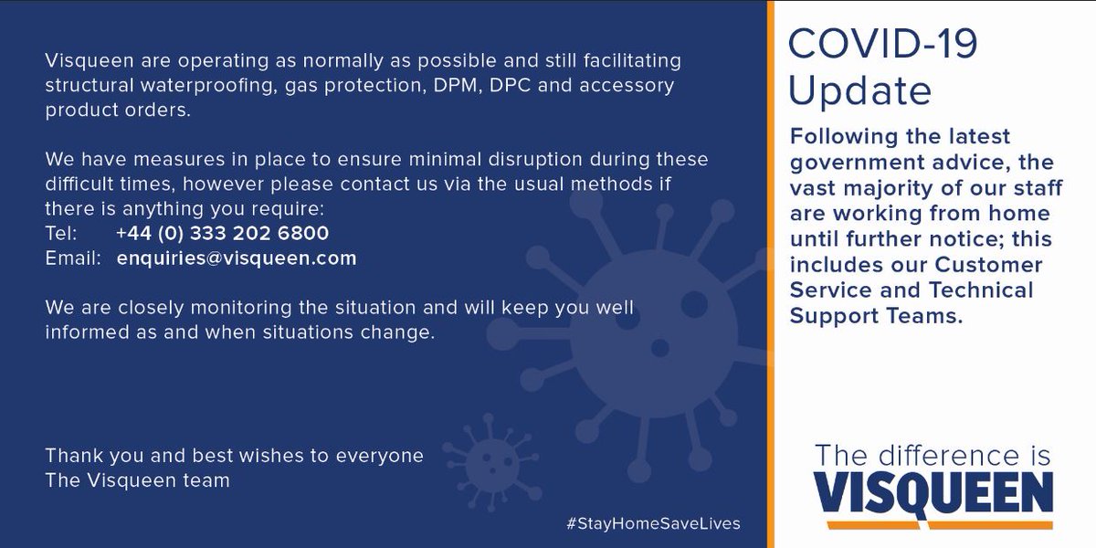 Visqueen are operating as normally as possible and still facilitating structural waterproofing, gas protection, DPM, DPC and accessory product orders.

Our customer services team are ready for your call:
Tel: +44 (0)333 202 6800
Thank you - The Visqueen team