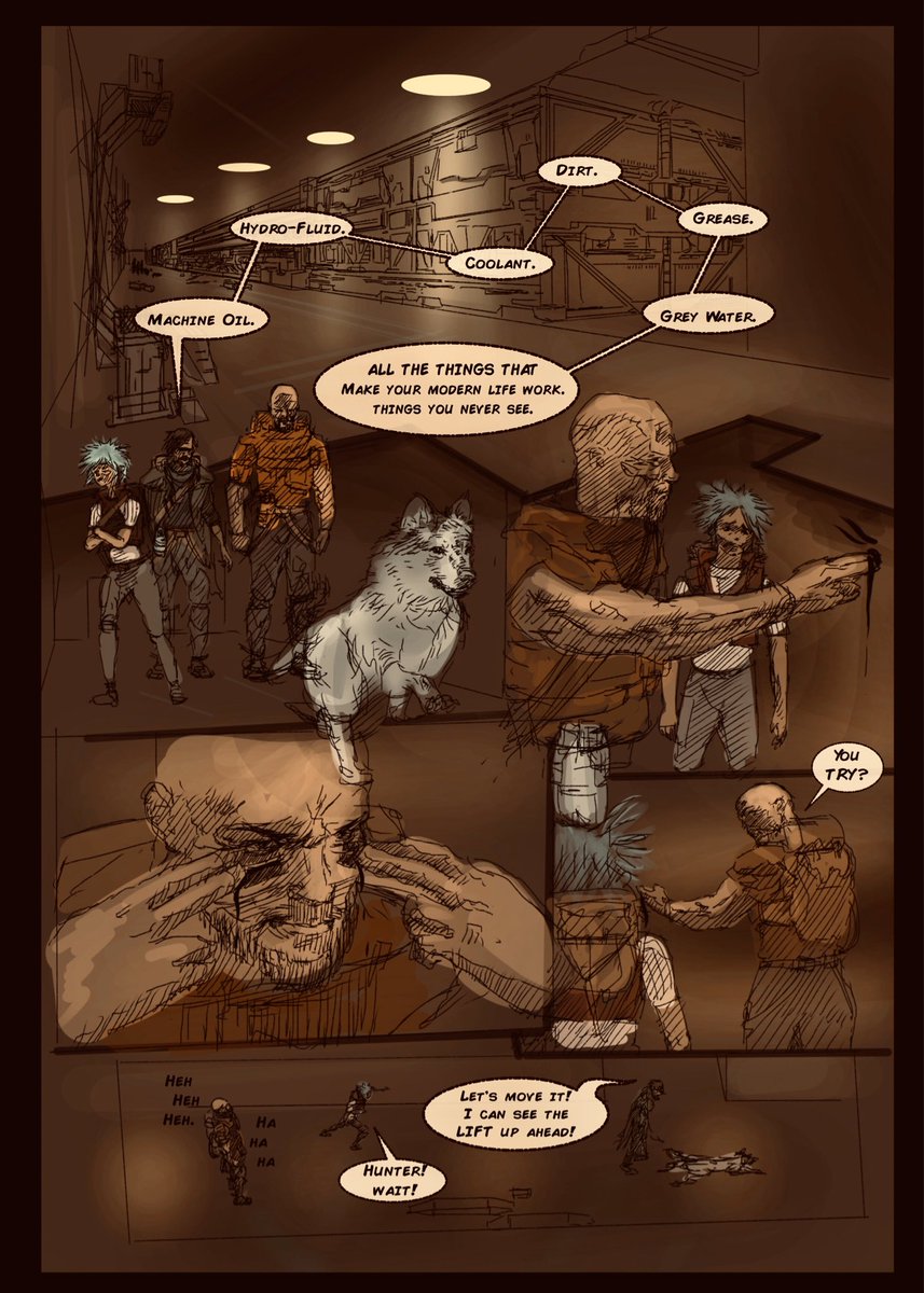 purplesmurf13's tweet photo. WIP Page from “Tales of Zero” ... journey through bowels of a city ... lines by MJQ color and atmosphere by PS13 - sci-fi horror diesel punk adventure with grainy cinematic vibes ... follow at @talesofzero for more process and WIP layouts and pages ☮️👍... #makingcomics #cgunity https://t.co/yhNu0XoV1i