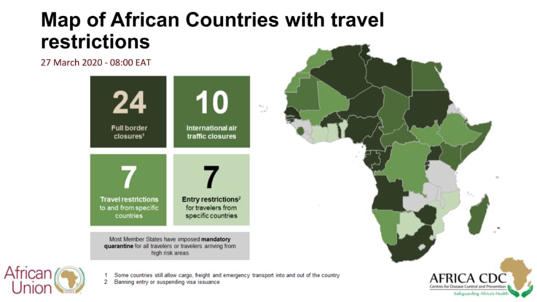 Take note of the <a href="/_AfricanUnion/">African Union</a> Member States that have imposed travel restrictions owing to the #COVID19 Pandemic 

#AfricaRespond #FactsNotFear