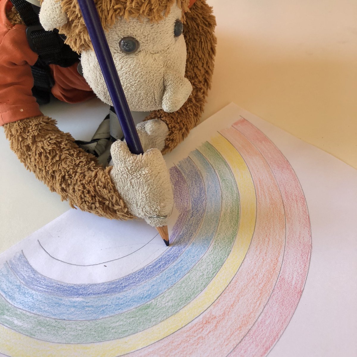 MonkeyPhill's tweet photo. Monkey Phill wanted time bring some rainbow love to the neighbourhood as he has enjoyed spotting other people’s rainbows on his walks around the village this week. Do you have a rainbow in your window? #monkeyphill #mascot #bandarlog #thescouts #thegreatindoors #stayhome https://t.co/RHlON5eXiD