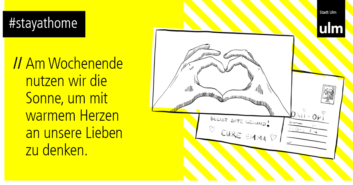 Bitte bleibt trotz des voraussichtlich schönen Wetters am Wochenende Zuhause. #ZusammengegenCorona 
Zeit mal wieder einen Brief an eure Liebsten zu schreiben oder für längere Telefonate. Gemeinsam schützen wir unsere Gesellschaft. #StayatHome