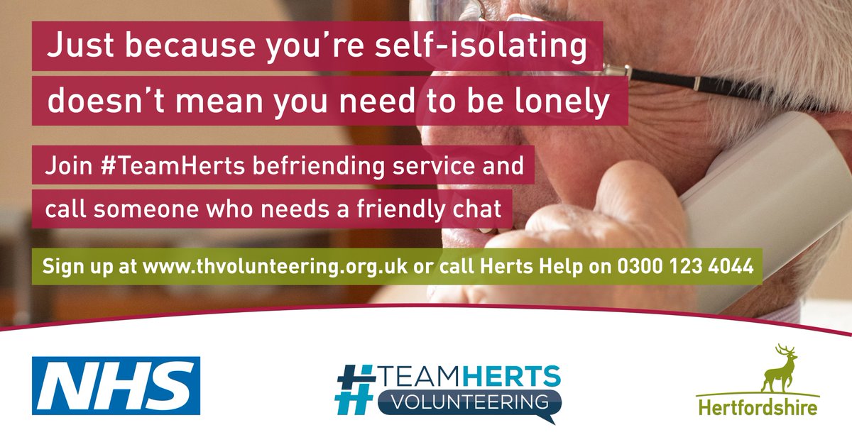 hertscc's tweet photo. While you #stayathome or are self-isolating could you join @THVolunteering and become part of a befriending service? Just because your self-isolating doesn’t mean you need to be lonely – use some of your spare time for a friendly chat over the phone, you might make a new friend https://t.co/rIQSDoVRjX