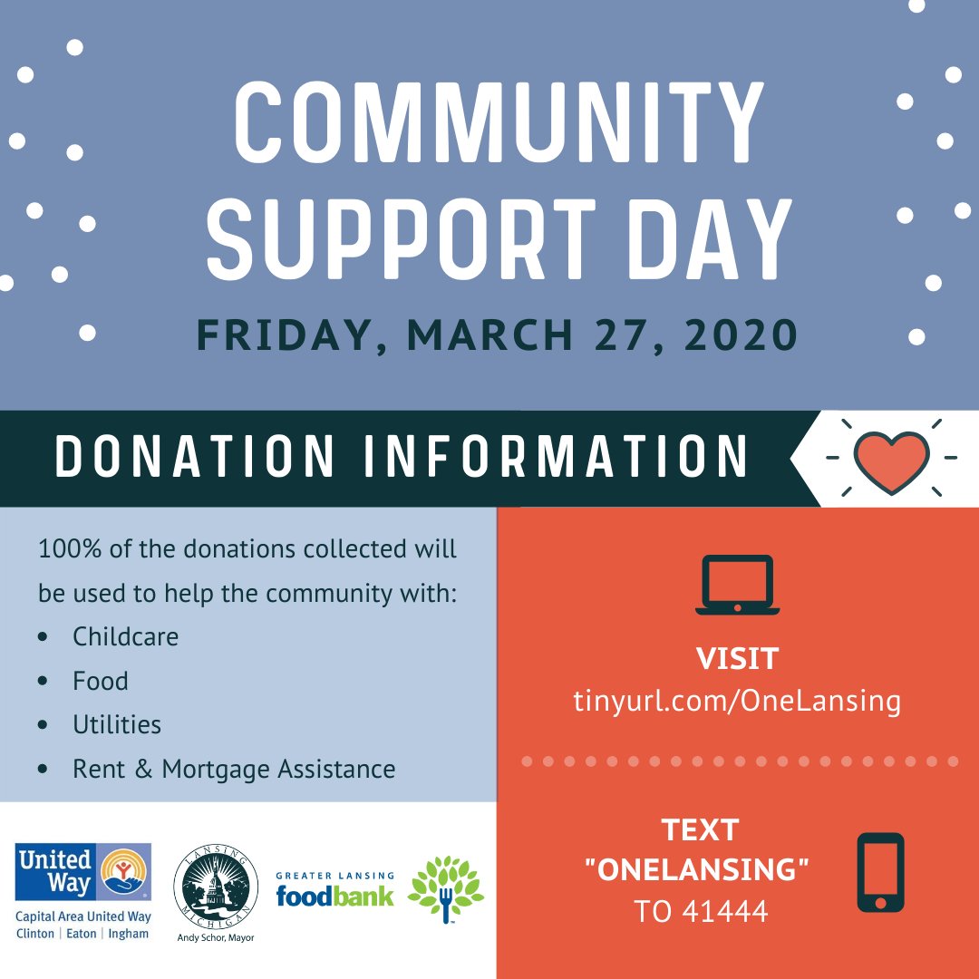 Mayor <a href="/andyschor/">Andy Schor</a> has declared today, Friday, March 27, Community Support Day! Please join us for a 24-hour virtual telethon to support the One Lansing Fund, a fund that will go toward COVID-19 relief efforts by @CAUWand &amp; @GLFoodBank1. tinyurl.com/OneLansing #OneLansing