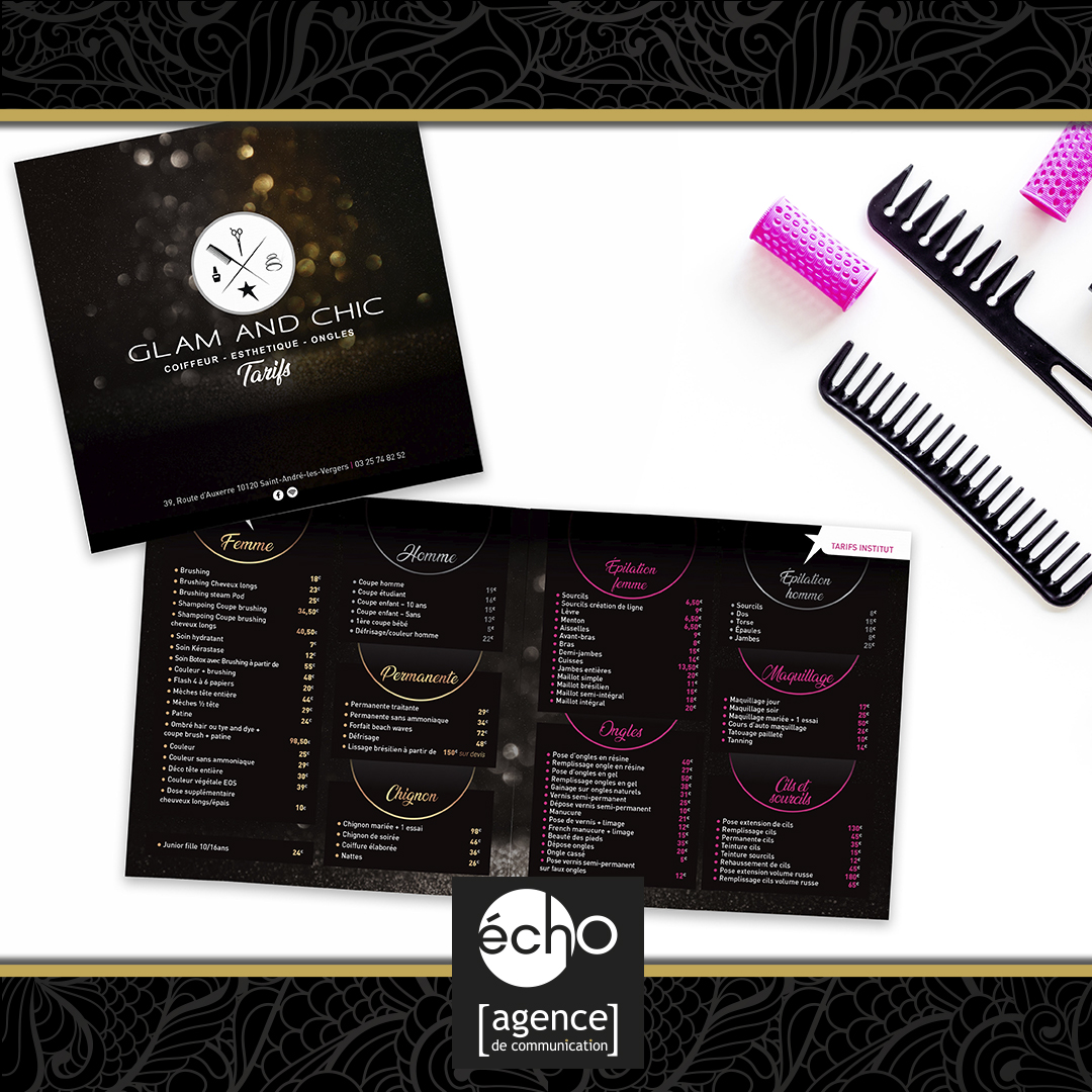 ◾ C.R.É.A.T.I.O.N ◾
Sooo chic ! Quel que soit notre style, on mérite tous d’être rayonnant ! ✨ Découvrez la plaquette des tarifs de l’institut de beauté Glam And Chic ! 
°•
•°
°•
•°
°
#AgencedeCommunicationTroyes #strategiedecommunication #creationgraphique