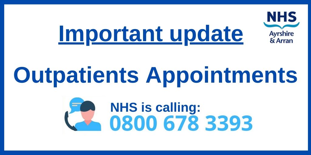 As a result of the ongoing Coronavirus (COVID-19) pandemic, NHS Ayrshire & Arran has taken the decision to cancel new and routine follow-up appointments for outpatient clinics for acute services. For more information please visit: nhsaaa.net/news/latest-ne…