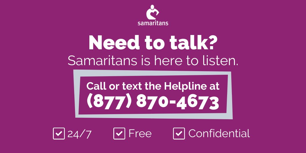 From our partners at Samaritans: 

During this unprecedented time, it can feel overwhelming to receive constant messages about COVID-19. Please know that we are here for you. Call or text our 24/7 helpline any time at 877-870-4673.
#covid19MA