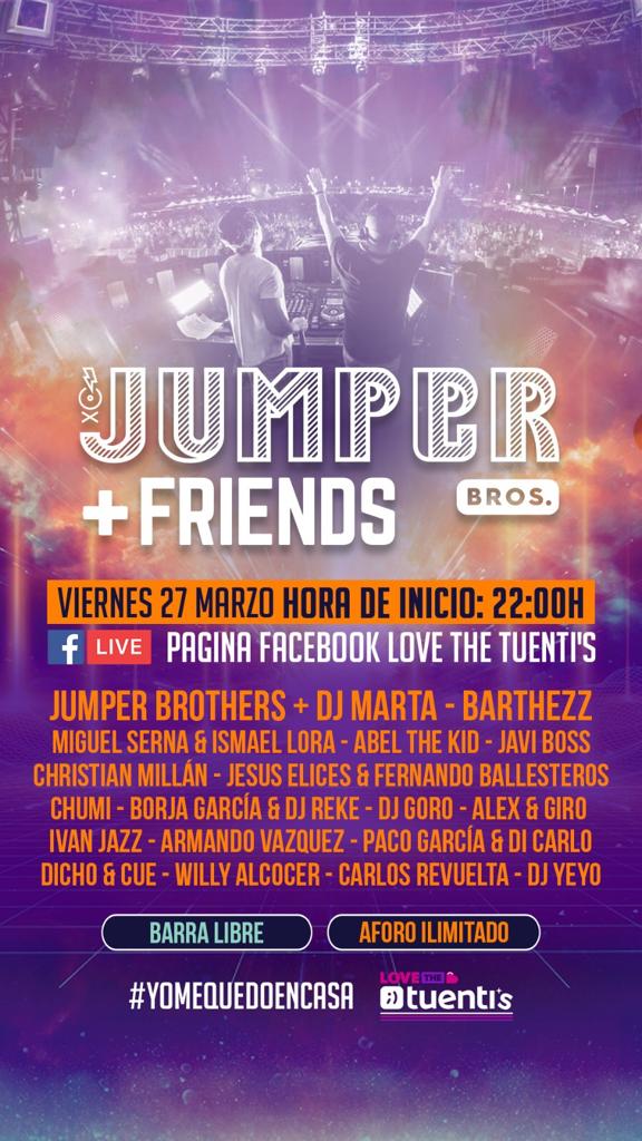 Hoy Viernes a partir de las 22.00 horas emisión en directo de lo que fue Jumper Brothers &amp; Friends en Love The Tuenti's 2019, IFEMA! ¡Te llevamos Love The Tuenti's al salón de casa! ¡8h de vídeo y música, prepara los hielos! Go go go : )