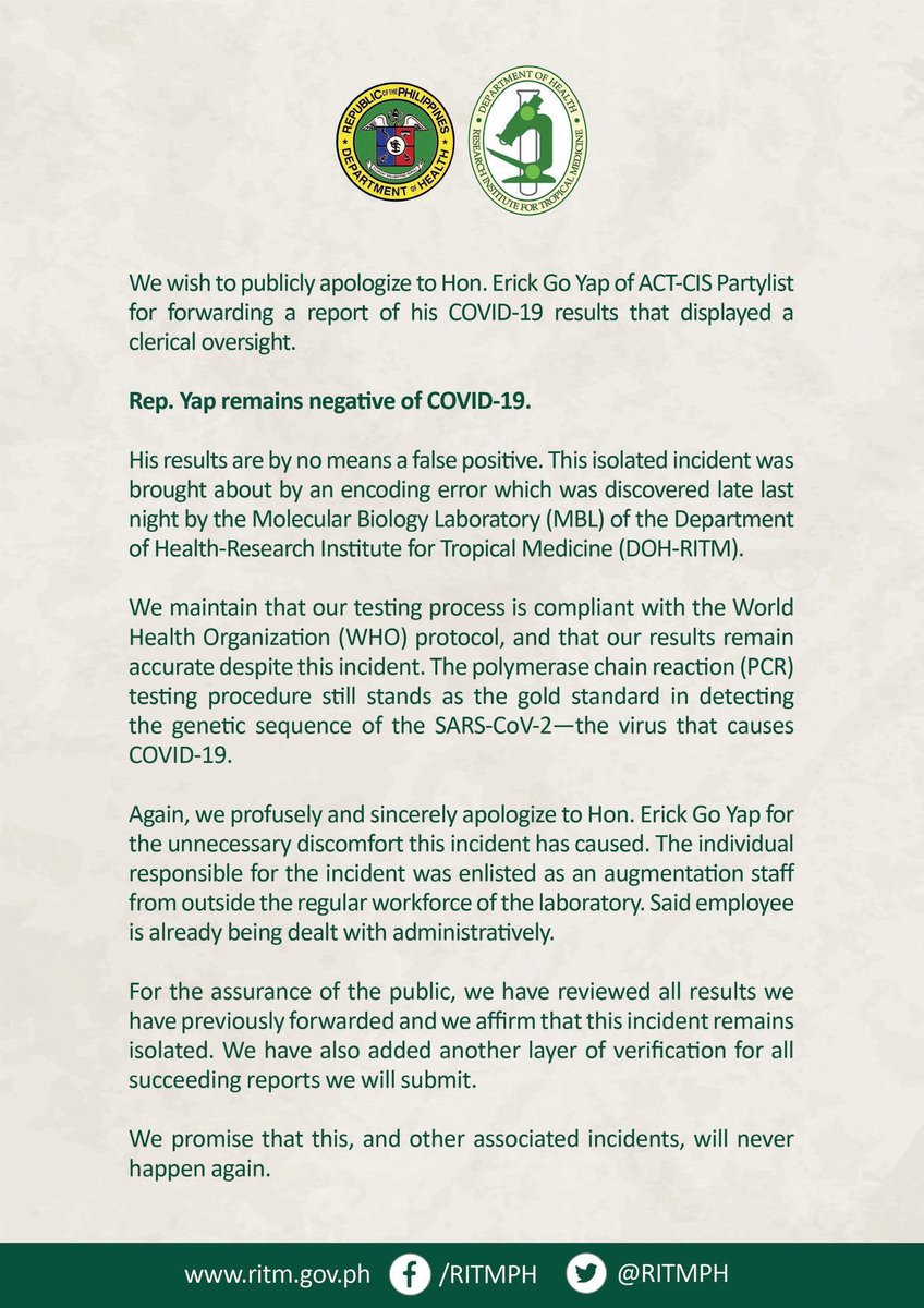 RITM says they made a mistake with ACT-CIS Party List Rep. Eric Yap’s covid-19 test result. Yap is, in fact, NEGATIVE for the disease. | via <a href="/victoriatulad/">Victoria Tulad ✨</a>