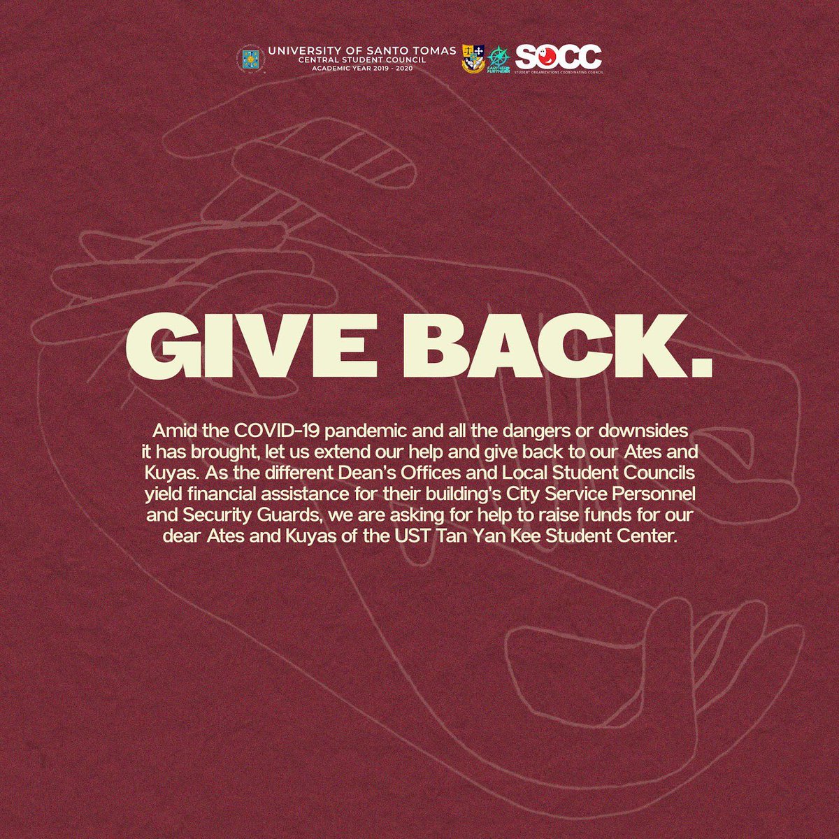 ust_csc's tweet image. CALL FOR DONATIONS 📣

The UST-CSC in collaboration with UST-SOCC is now accepting monetary donations to raise funds for our dear Ates and Kuyas of the UST Tan Yan Kee Center.

#CSCFartherAndFurther