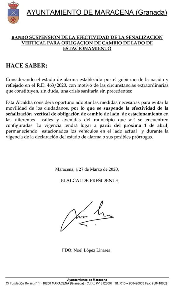 Noel_Lopez_'s tweet photo. Acabo de firmar un nuevo Bando suspendiendo la alternancia de aparcamiento en las vías en las que era obligatorio y así evitamos salir de de casa. Los coches se han de quedar, mientras dure el estado de alarma, en la acera donde están. No cambiéis el coche de sitio #QuedateEnCasa https://t.co/WBZjxMdDcm
