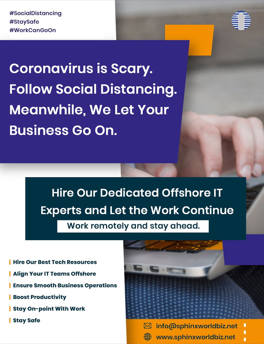sphinxworld_biz's tweet photo. Follow #socialdistanacing but let your business not suffer. At @sphinxworld_biz we offer Specialised care in the time of quarantine with our Dedicated Offshore IT Experts. We believe #WorkCanGoOn
#stay_safe #offshoredevelopment #offshoreservices #sphinxworldbiz https://t.co/FUs1wwpaoB