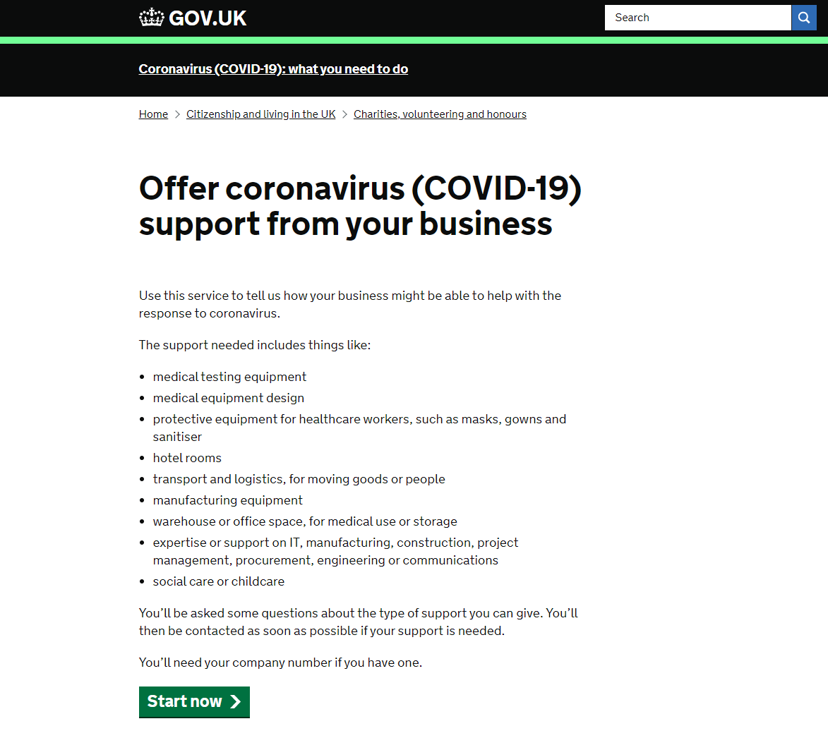 Just launched: If you're a business and you can offer coronavirus support, use this service to let government know gov.uk/coronavirus-su…