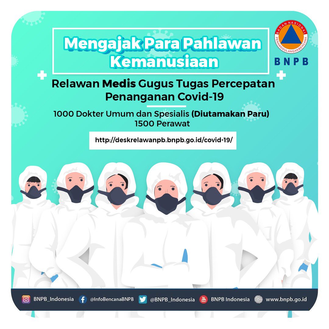 Halo #SahabatTangguh, BNPB mengajak rekan2 relawan medis dan relawan PB untuk bergerak bersama menjadi bagian dari Pejuang Kemanusiaan dalam menangani Covid-19 di Indonesia. Pendaftaran dapat melalui link di foto berikut ya! Salam Tangguh!

#IndonesiaLawanCovid19 #PBUrusanBersama