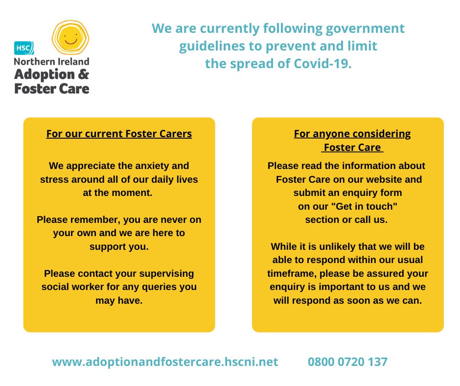 HSCAdopt_Foster's tweet image. We are currently following government guidelines to prevent and limit the spread of Covid-19. Please see our advice for our current Foster Carers and anyone considering becoming a Foster Carer.