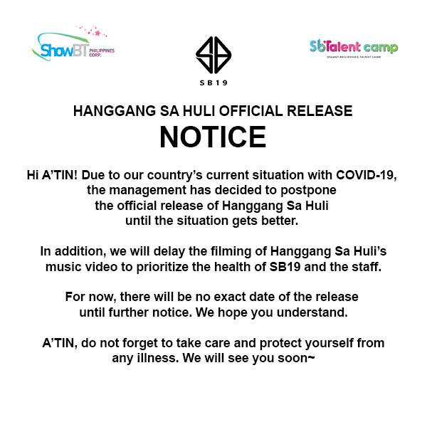 SB19Official's tweet photo. [NOTICE] Regarding Hanggang Sa Huli official release

#SB19 #SB19_JUSTIN #SB19_JOSH #SB19_SEJUN #SB19_KEN #SB19_STELL https://t.co/jf30fa8Wjf