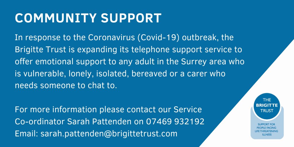 The Brigitte Trust (@brigittetrust) on Twitter photo Please retweet and help spread the word
@SurreyInfoPoint <a href="/HealthySurrey/">Healthy Surrey</a> <a href="/CSVACTION/">Central Surrey Voluntary Action</a> <a href="/VASWS/">Voluntary Action South West Surrey</a> @VARB2020 <a href="/volsupportns/">Voluntary Support</a> @volunteerTVA <a href="/wokingcouncil/">Woking Council</a> <a href="/SurreyHeartland/">Surrey Heartlands Health and Care Partnership</a> <a href="/BBCSurrey/">BBC Surrey</a> <a href="/eagleradio/">Greatest Hits Radio Surrey & East Hampshire</a> #Surrey #COVID19 #coronavirus #shielding #communitysupport #BrigitteTrust Please retweet and help spread the word
@SurreyInfoPoint <a href="/HealthySurrey/">Healthy Surrey</a> <a href="/CSVACTION/">Central Surrey Voluntary Action</a> <a href="/VASWS/">Voluntary Action South West Surrey</a> @VARB2020 <a href="/volsupportns/">Voluntary Support</a> @volunteerTVA <a href="/wokingcouncil/">Woking Council</a> <a href="/SurreyHeartland/">Surrey Heartlands Health and Care Partnership</a> <a href="/BBCSurrey/">BBC Surrey</a> <a href="/eagleradio/">Greatest Hits Radio Surrey & East Hampshire</a> #Surrey #COVID19 #coronavirus #shielding #communitysupport #BrigitteTrust
