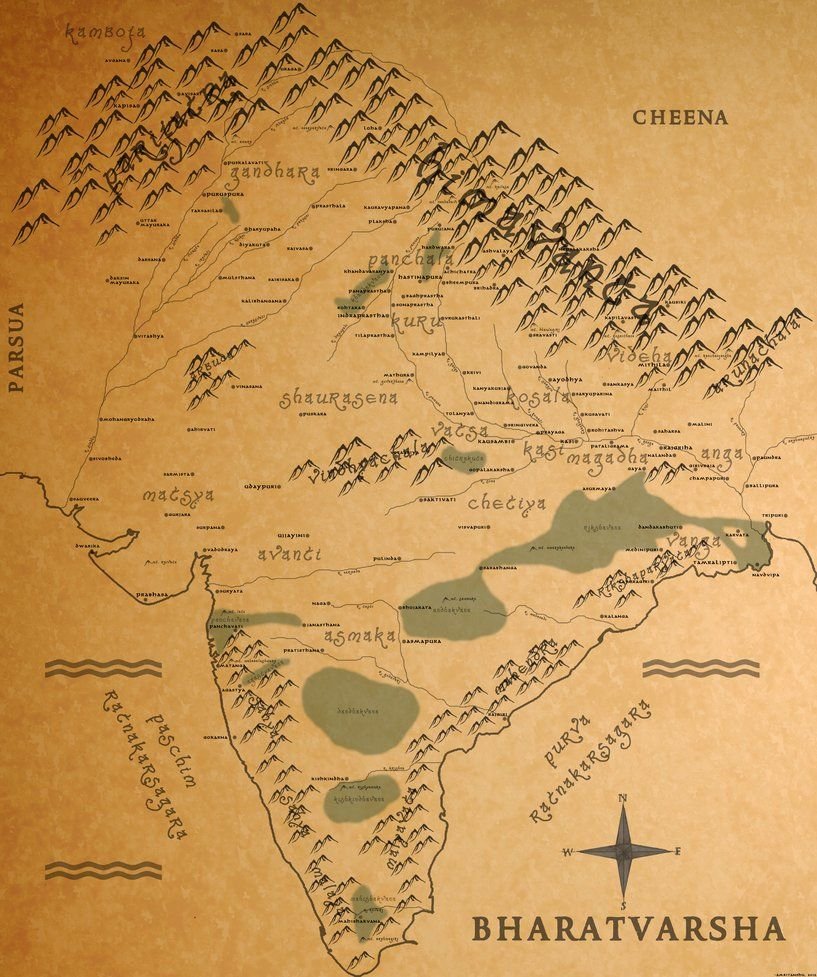 The principal people living on banks of the rivers are the Kuru & Panchalas. In the middle, the Kamarupa. To the east, live the Pundra, Kalingas & Magadhas. In the west are the Saurashtras, Suras, Bhiras. Karushas & Malavas, reside along the Paripatra mountains.