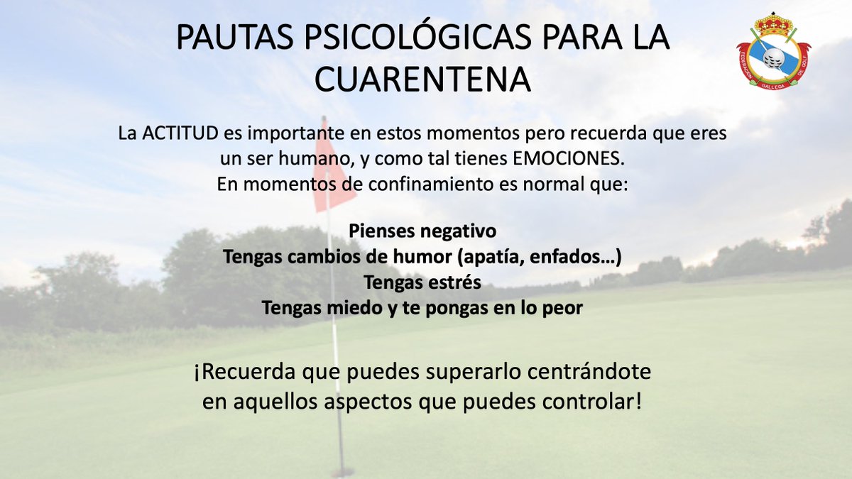 CTJFGallegaGolf's tweet photo. Gracias a la inestimable ayuda de @IagoRoel, queremos compartir una serie de pautas para llevar de la mejor manera posible esta cuarentena. Muchísimas gracias!!
Ánimo a tod@s y mucha fuerza 💪💪
Paciencia y ya sabes, #QuedateEnCasa https://t.co/1xajMw5ffG
