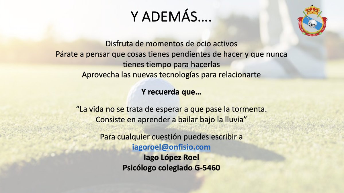 CTJFGallegaGolf's tweet photo. Gracias a la inestimable ayuda de @IagoRoel, queremos compartir una serie de pautas para llevar de la mejor manera posible esta cuarentena. Muchísimas gracias!!
Ánimo a tod@s y mucha fuerza 💪💪
Paciencia y ya sabes, #QuedateEnCasa https://t.co/1xajMw5ffG