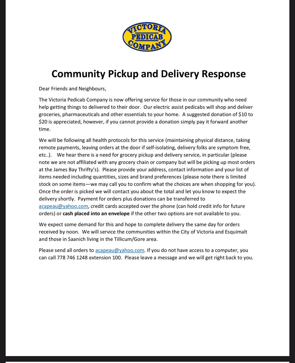 The Victoria Pedicab Company is here to help the community with shopping &amp; home deliveries. #COVID19 #StayHome