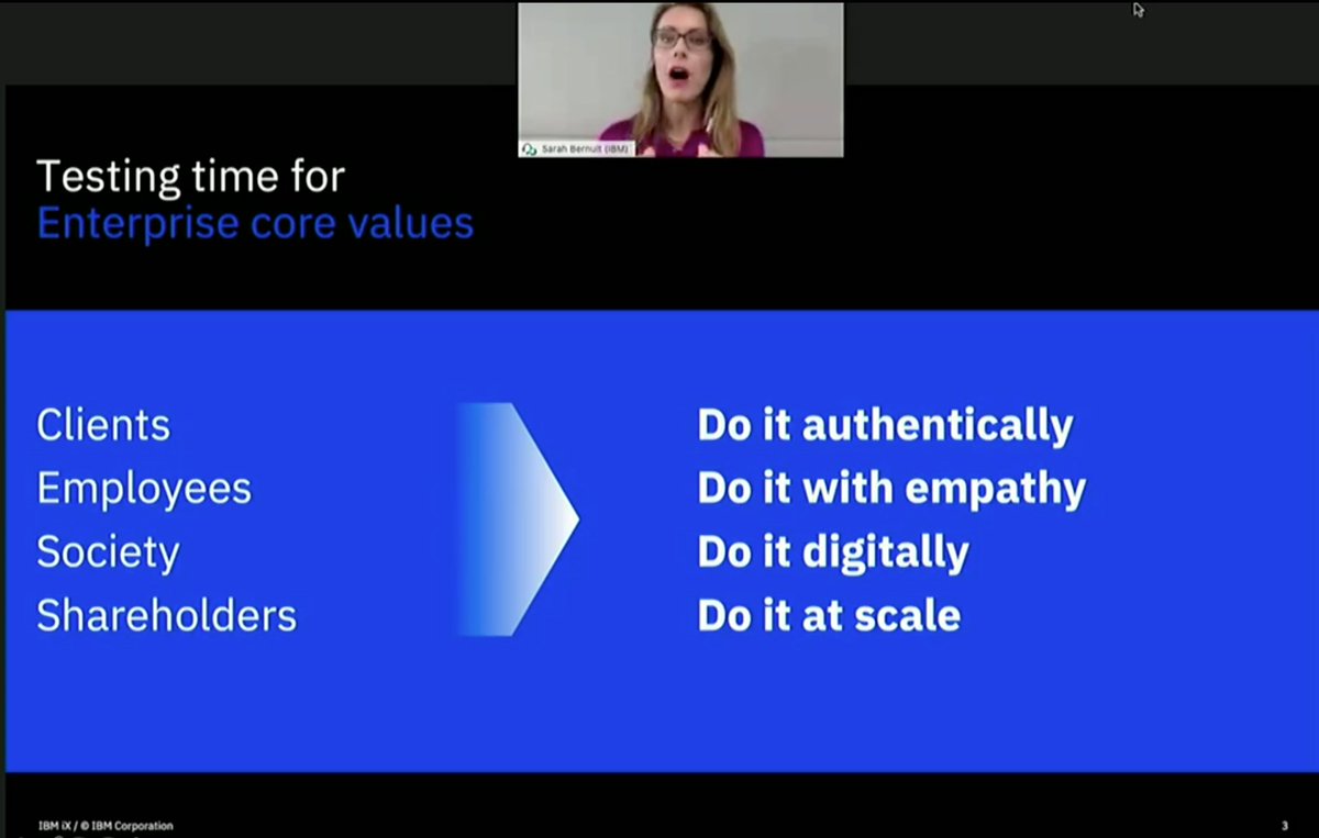 Final #iXperienceFriday talk from <a href="/BernuitSarah/">Sarah Bernuit</a> VP Europe  <a href="/IBM/">IBM</a> #Digital #Strategy &amp; iX on How to shape a responsible #enterprise during crisis. Customers will remember how they are treated by companies during these times.

#covid19 #innovation #leadership #corevalues #society