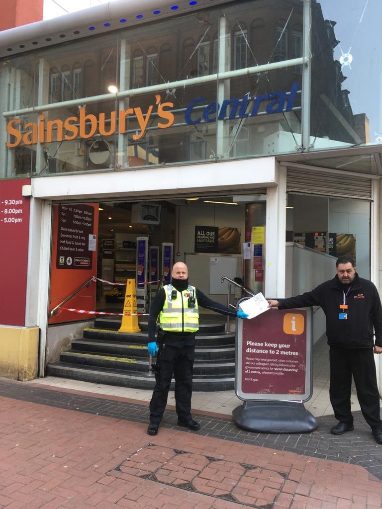 CentralBham's tweet photo. Retail BID Patrol Team providing @sainsburys information on the Homeless Provision during Coronavirus Crisis #supportingbusinesses #2metresdistance #socialdistancing https://t.co/GfONtyjhhA