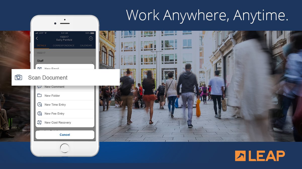 LEAP4Lawyers's tweet image. No other practice management system on the market offers anything close to what the LEAP Mobile app can do, including time recording, access to all your case and client information, and scanning documents directly to the electronic file. Learn more at bit.ly/2odEgXg