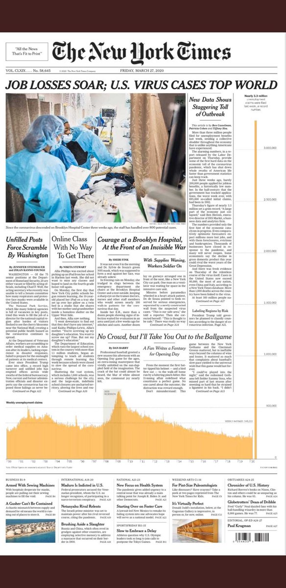 abmakulec's tweet photo. To keep the weekly unemployment chart all on one scale, the last data point had to span the full front page. What commitment from the @nytimes not to use broken bars when one data point dwarfs all else. And what a startling image. https://t.co/Gtd0bigfsf
