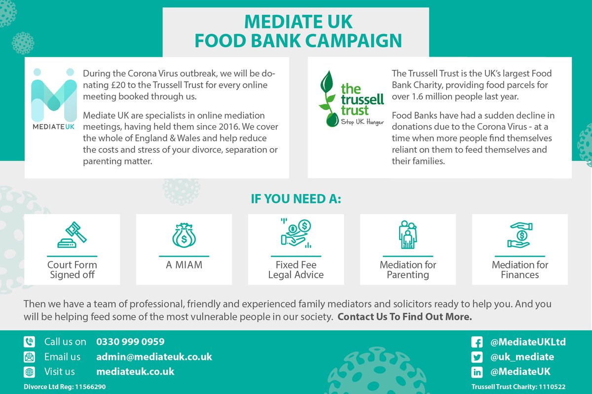uk_mediate's tweet photo. Mediate UK are donating £20 for every Online #Mediation appointment booked during the #coronavirus crisis to @TrussellTrust - Helping feed families whilst resolving disputes. Please do share with your contacts. https://t.co/AgoTpd3Yqv