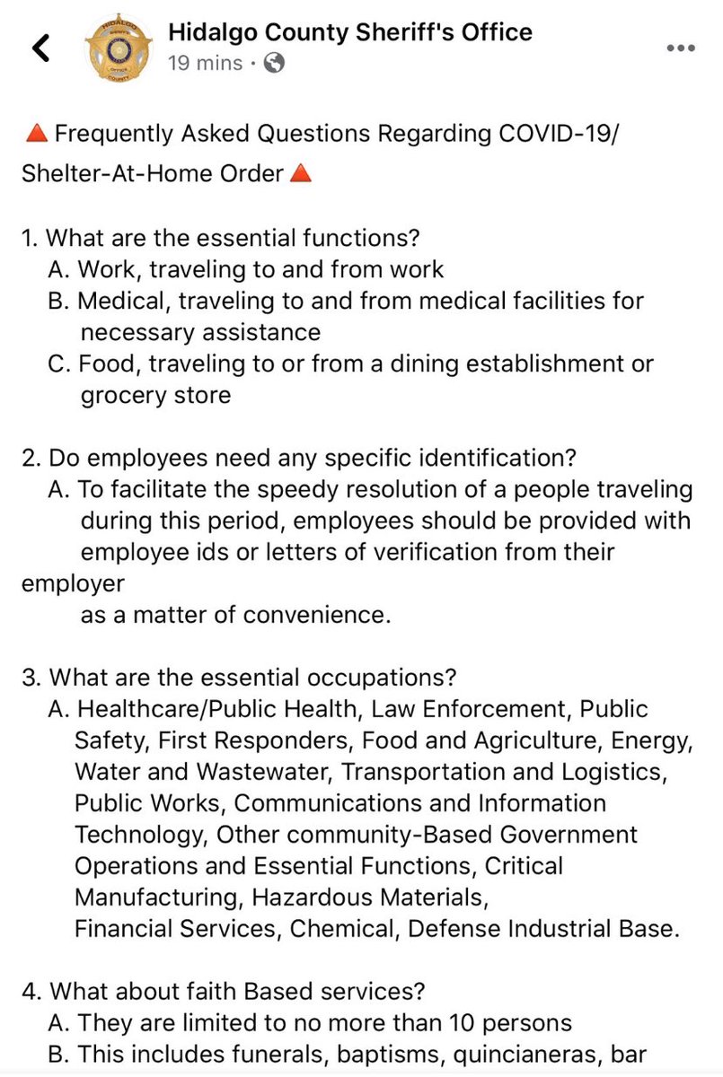 HidalgoCountySO's tweet photo. 🔺Frequently Asked Questions Regarding COVID-19/Shelter-At-Home Order🔺

Please help us share! https://t.co/bxGNHkusUF