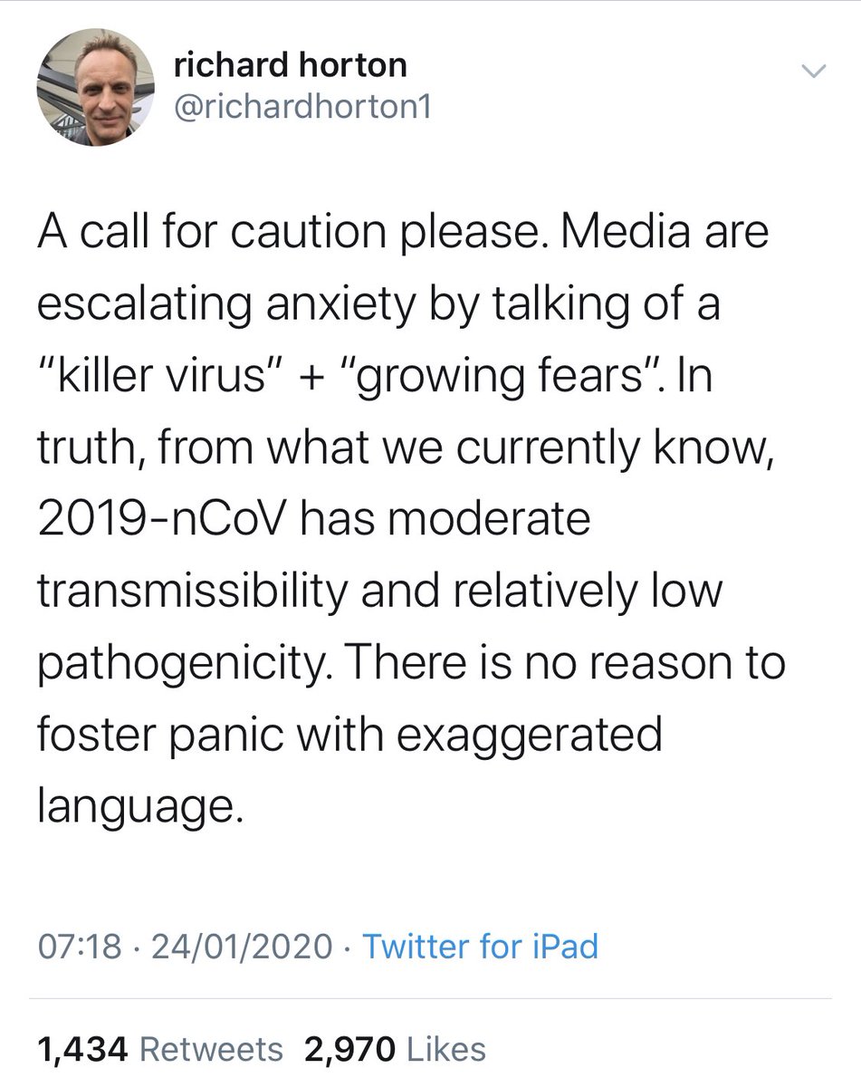 CreativeDeduct's tweet photo. Richard Horton of The Lancet is attacking the government for not taking #coronavirus seriously enough back in January. Here’s what he said himself in January. https://t.co/NaJYX3uOxZ