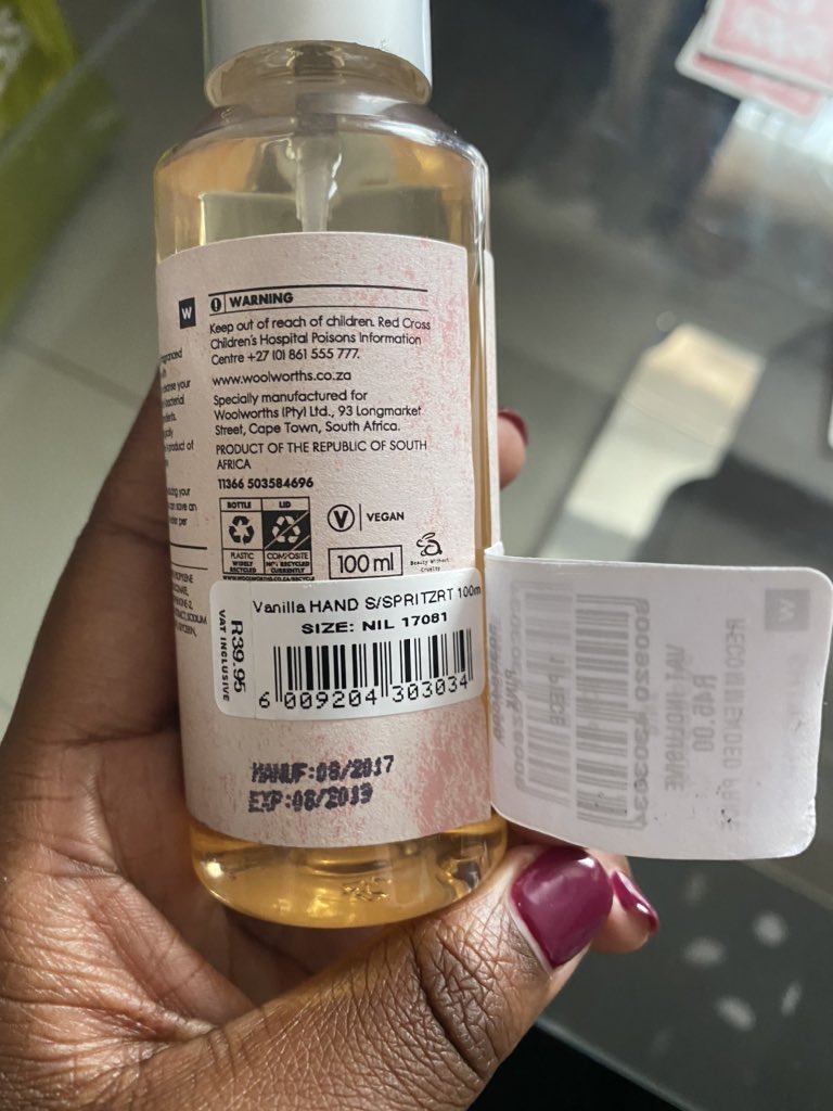 Aza_Kacho's tweet photo. So disappointed in @WOOLWORTHS_SA, I bought this hand Sanitizer last week. As you can see they covered the original price with new sticker, (Higher Price). Thats not the Bigger problem- But its also Expired😭😭😭. WOW . cc @WOOLWORTHS_SA #Disappointed #GirlTalkZA https://t.co/FhaPpp3bTT