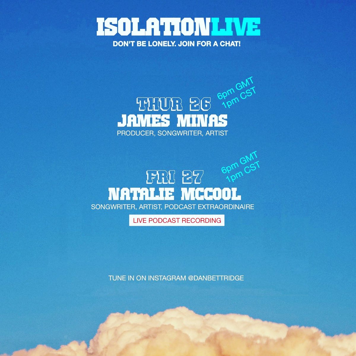 NatalieMcCool's tweet photo. ANNOUNCEMENT: join me tonight on Instagram for a LIVE episode of #McCoolAndTheGang with the awesome @DanBettridge in collab with his #IsolationLive series 🌥⛅️🌤 Dan &amp; I met on a songwriting camp in Nashville! Feel free to join us tonight at 6pm on Insta >> @nataliemccool 🤙🏻 https://t.co/MBn1KfOofg