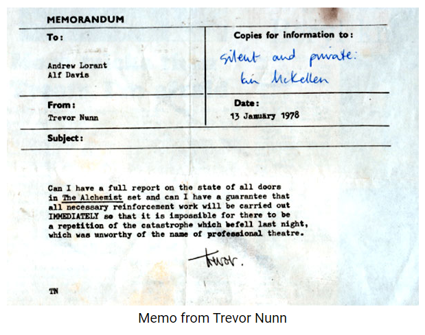 DerekVindice's tweet photo. Nice piece of #theatrehistory #histadmin from @IanMcKellen's website: Trevor Nunn's *angry* memo from @TheRSC The Alchemist (1977) https://t.co/VNlI9cKEFn https://t.co/3ROQTtyVBg