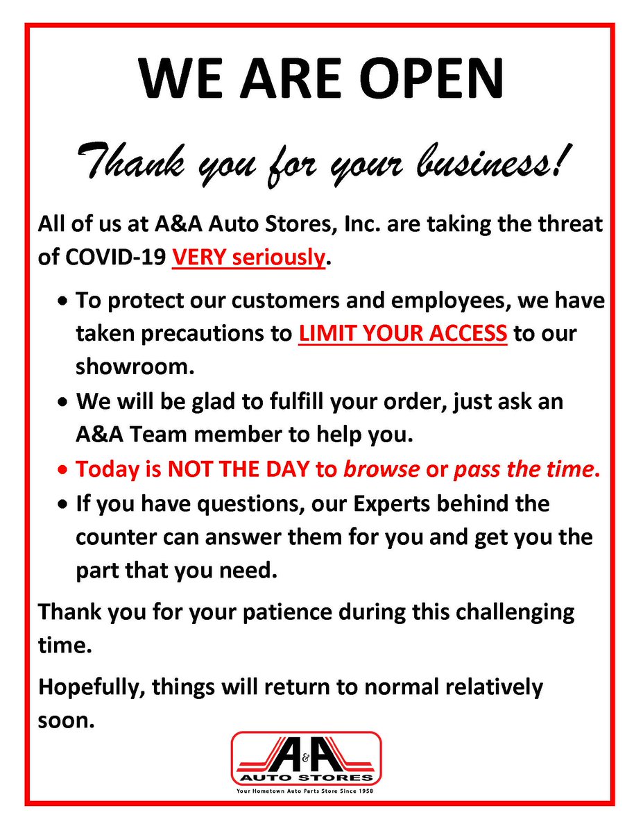 AAAutoStores's tweet photo. Stay safe out there.

We are all in this together. https://t.co/4SKcdelE2O