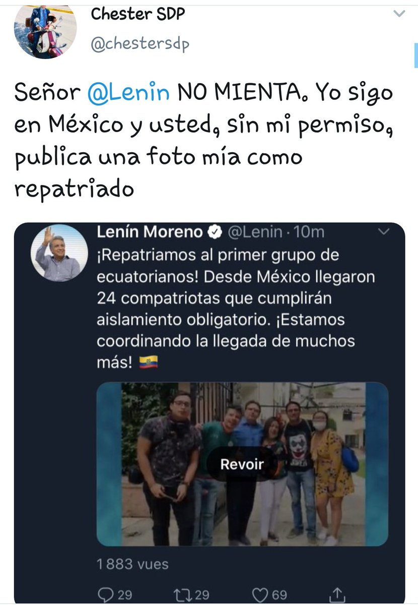 diegonvs06's tweet photo. @jose0704396183 @MashiRafael Señor @Lenin NO MIENTA. Yo sigo en México y usted, sin mi permiso, publica una foto mía como repatriado https://t.co/ATgR3reGkY https://t.co/VFvcrYUtrk