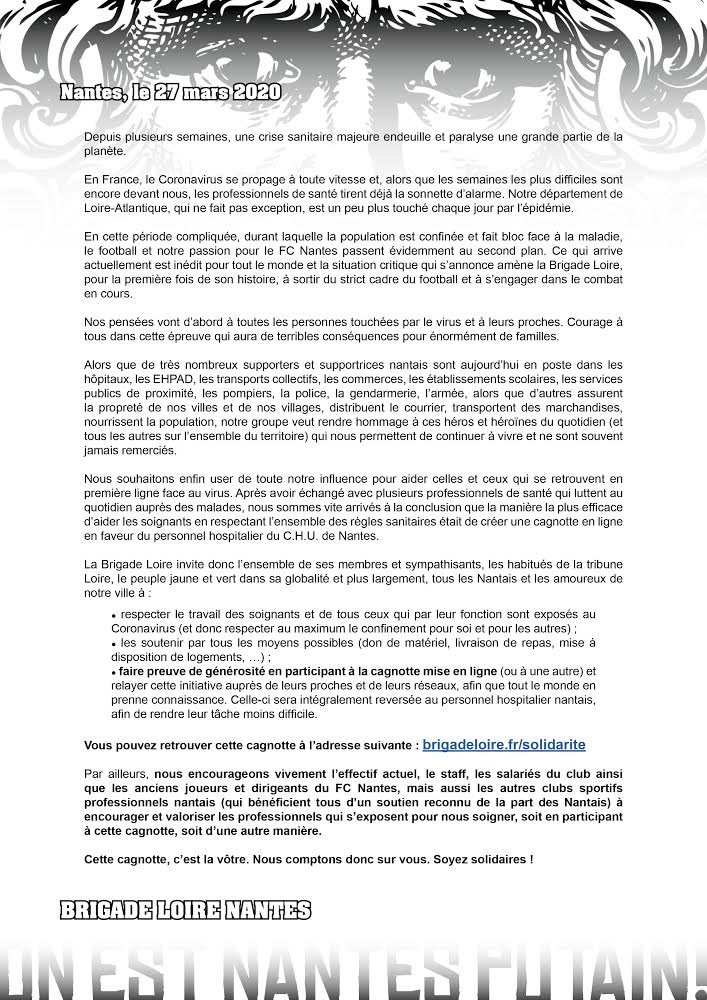 RomainGaudin's tweet image. Communiqué de la Brigade Loire qui s’engage, pour la première fois de son histoire, dans une démarche solidaire en faveur du personnel hospitalier nantais. 
Le lien : brigadeloire.fr/solidarite
On est Nantes putain !