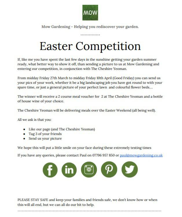 Please share with your friends and family, hopefully bring a little happiness back in to our lives...

#staysafe
#gardens
#mowgardening
#cheshireyeoman
#easter
