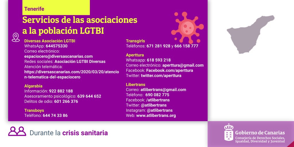 👉🌈Ahora más que nunca es importante facilitar una atención especializada y directa a las personas LGTBI+, especialmente a las que están en situación vulnerable.

Estos son los servicios disponibles en Canarias durante el estado de alarma 🔎⤵

#COVID2019 
#CanariasSeQuedaEnCasa