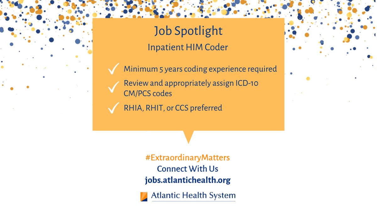 AHSCareers's tweet image. Join us as an Inpatient HIM Coder in the Health Information Management Department at Overlook Medical Center! bit.ly/3afJi8C
#ExtraordinaryMatters #HIMCoder